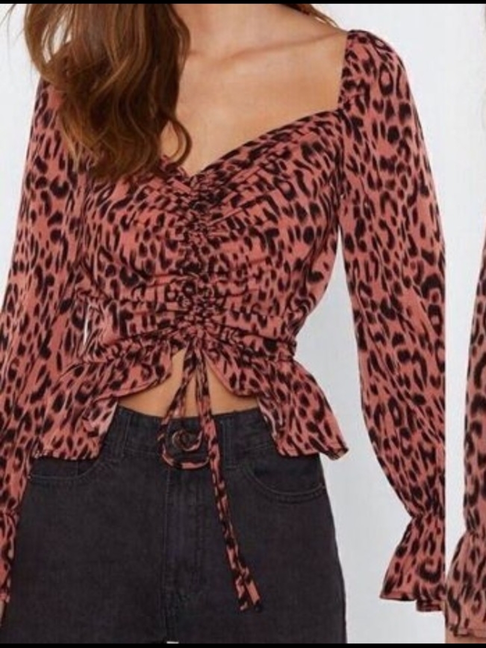 Ruched Sweetheart Leopard Print Long Sleeve Top - Orange